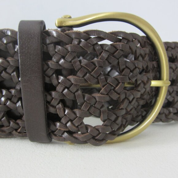 New Cole Haan Womens Medium Brown Leather Woven Belt Brass Buckle 34\